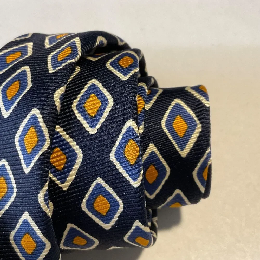 Harold Powell geometric Foulard XL silk tie Made In USA Navy gold white 60.5
